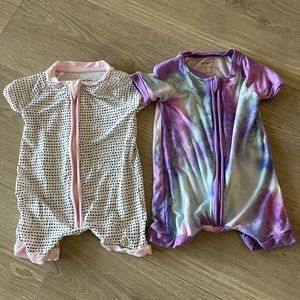 Little Sleepies pink trim polka dots and purple water color rompers